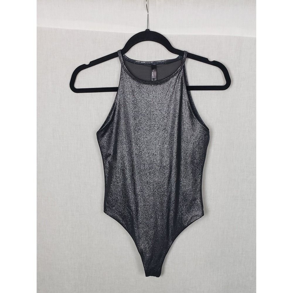 Victoria Sport Metallic Silver High Neck Mesh Back Bodysuit XS Sleeveless Glam